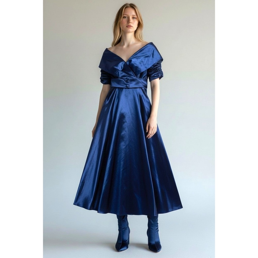 Vintage ILGWU Royal Blue Satin Portrait Neckline Evening Gown